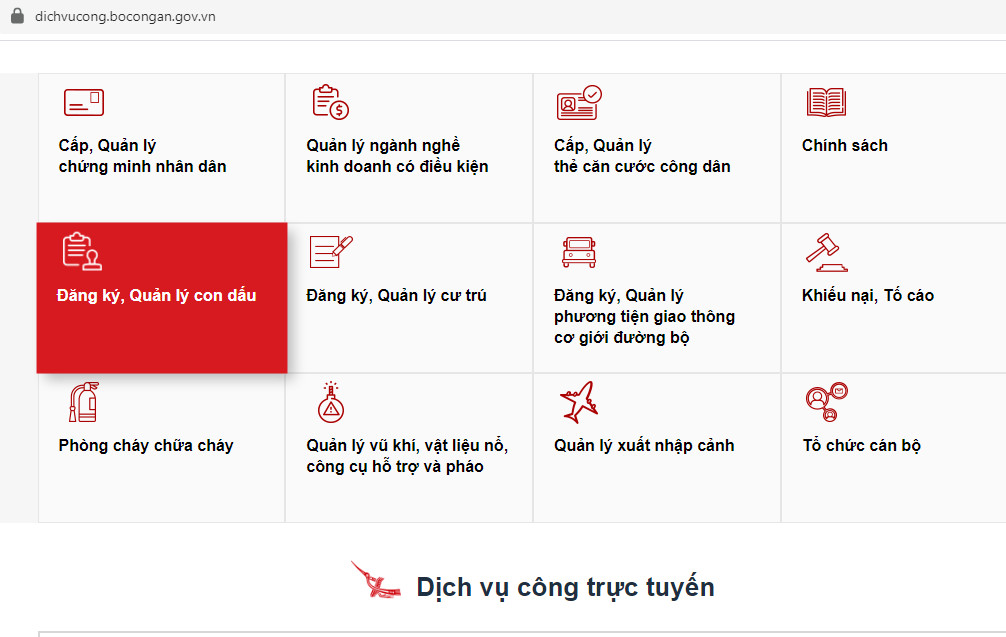 Dịch vụ công trực tuyến trên Cổng Dịch vụ công của Bộ Công an.