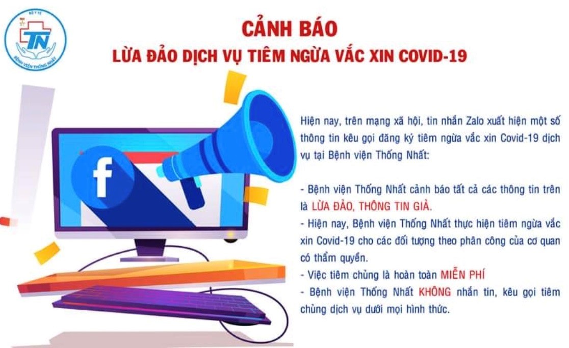 Bệnh viện Thống Nhất cảnh báo việc tiêm vaccine COVID-19 dịch vụ trên các trang mạng quảng cáo là giả. Ảnh chụp màn hình