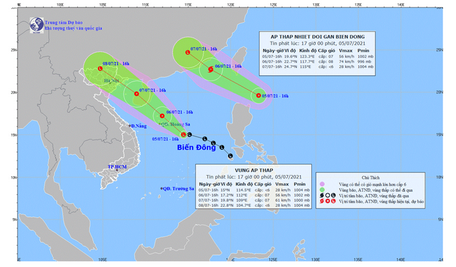 Vị trí và đường đi của áp thấp nhiệt đới và vùng áp thấp nhiệt đới trên biển Đông. Ảnh: KTTV.
