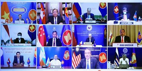 Bộ trưởng Ngoại giao các nước dự Hội nghị Bộ trưởng Ngoại giao đặc biệt ASEAN - Nga theo hình thức trực tuyến. Ảnh: Lâm Khánh - TTXVN
