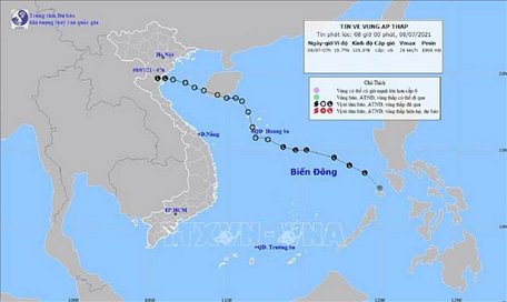 Bản đồ đường đi của vùng áp thấp. Ảnh: TTXVN phát