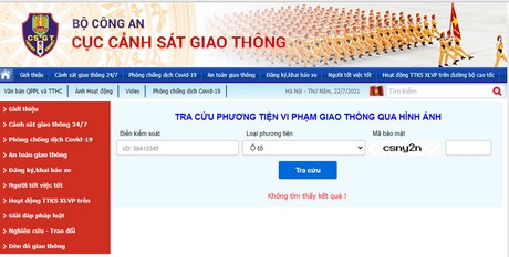 Hướng dẫn tra cứu phương tiện vi phạm hành chính qua hình ảnh trên website chính thức của Cục Cảnh sát giao thông.