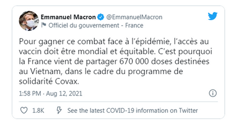  Thông báo tặng vắc xin cho Việt Nam trên Twitter của Tổng thống Pháp (Ảnh chụp màn hình).