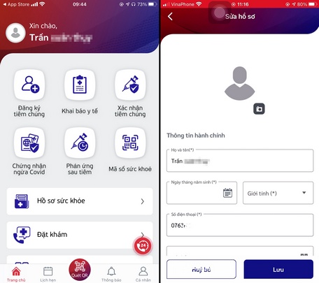 Từ màn hình chính của ứng dụng, ấn vào mục cá nhân, chọn thông tin cá nhân, nhập đầy đủ thông tin cá nhân bao gồm: Số thẻ bảo hiểm y tế, thời gian hiệu lực, ngày tháng năm sinh, số hộ chiếu/chứng minh thư, căn cước công dân, hộ khẩu thường trú, thông tin sức khoẻ, tiền sử bệnh.