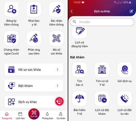 Bên cạnh đó, người dùng có thể sử dụng nhiều tiện ích trên Sổ sức khoẻ điện tử như Quét mã QR, hồ sơ sức khoẻ, đặt khám, nơi đã đến, dịch vụ khác,…