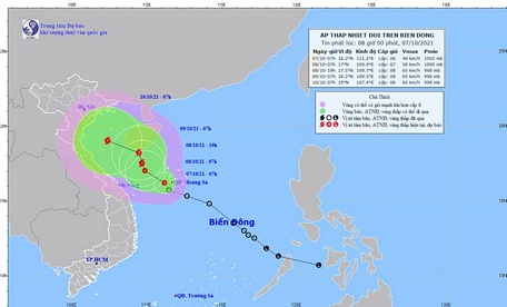  Dự báo vị trí và hướng di chuyển của áp thấp nhiệt đới. Nguồn: Trung tâm dự báo khí tượng thủy văn Quốc gia.