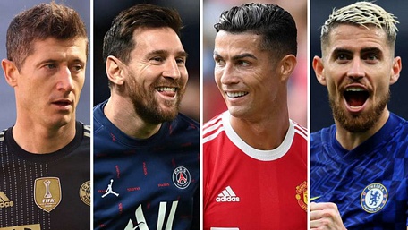  Robert Lewandowski, Messi, Ronaldo, Jorginho (từ trái sang phải) có tên trong đề cử Quả bóng vàng 2021 - Ảnh: GETTY