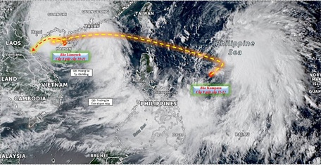  Sau khi bão số 7 đổ bộ vào đất liền thì bão Kompasu sẽ đi vào Biển Đông - Ảnh: NCHMF