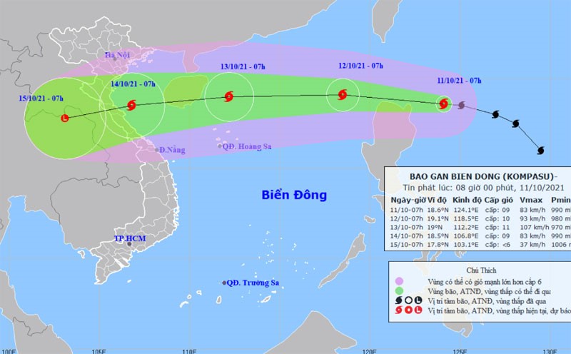 Vị trí và hướng di chuyển của bão Kompasu. (Nguồn: nchmf.gov.vn)