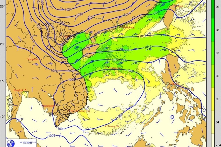  Dải hội tụ nhiệt đới có trục ở khoảng 14-17 độ vĩ Bắc nối với vùng áp thấp. Ảnh: Trung tâm Dự báo KTTV Quốc gia.