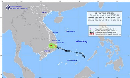  Dự báo trong 12 giờ tới, vùng áp thấp di chuyển theo hướng Tây Tây Bắc, mỗi giờ đi được 10-15km, đi sâu vào đất liền và suy yếu thêm.