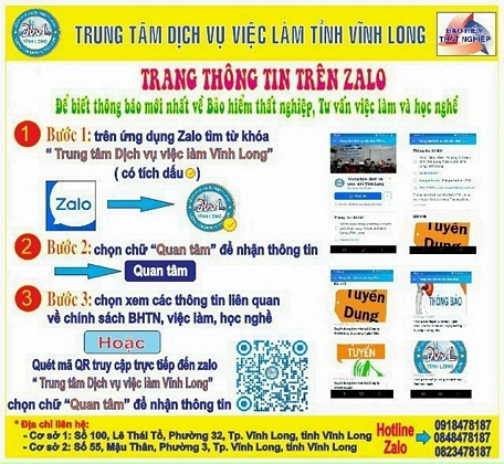 Trung tâm Dịch vụ việc làm kết nối Zalo với người lao động để biết thông báo mới nhất về bảo hiểm thất nghiệp, tư vấn việc làm và học nghề.