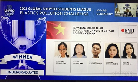 Đội chiến thắng hạng mục Thách thức rác thải nhựa của cuộc thi UNWTO Students’ League gồm năm sinh viên - Ảnh: C.K. chụp từ màn hình