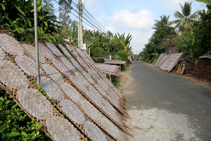 Những vỉ bánh được phơi đầy từ ngoài ngõ đến trong sân nhà.