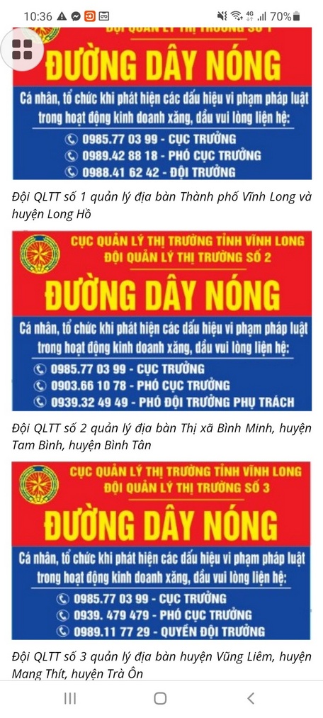 Thông báo số điện thoại đường dây nóng tại 323/323 đại lý bán lẻ xăng dầu.