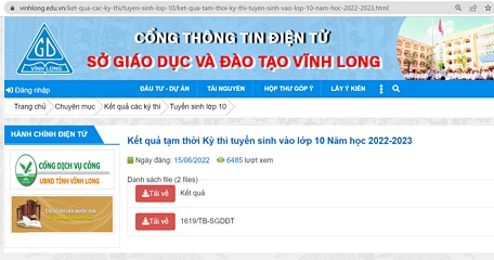 Học sinh có thể xem điểm thi trên trang thông tin của Sở GD- ĐT Vĩnh Long.