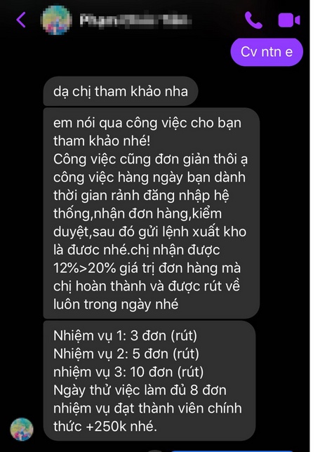  Tin nhắn “tuyển cộng tác viên chốt đơn hàng online” mà chị T. nhận được từ một tài khoản Facebook.