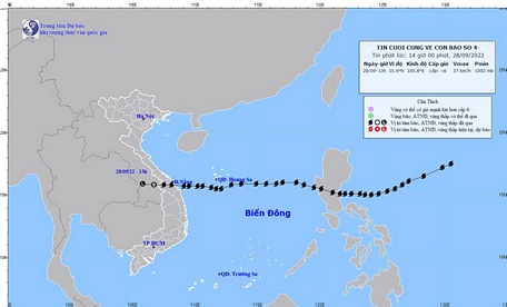  Trong chiều 28/9, áp thấp nhiệt đới suy yếu thành một vùng áp thấp trên khu vực Nam Lào