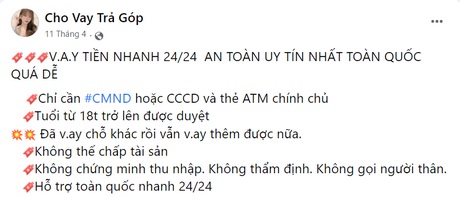 Các quảng cáo vay trả góp không rõ cá nhân, tổ chức được quảng cáo công khai trên mạng xã hội.