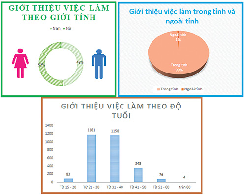 Tổng hợp thống kê số liệu giới thiệu việc làm chia theo giới tính, độ tuổi và tỷ lệ giới thiệu việc làm trong, ngoài tỉnh.