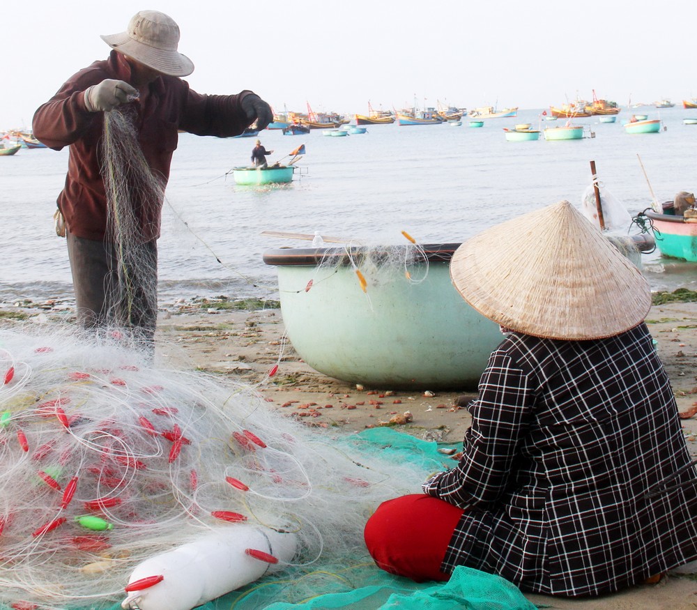 Làng chài gắn cuộc sống thường ngày của người dân nơi đây. Mỗi sáng khi thuyền thúng đánh lưới về, cô Bảy Liễu ra đón chú về lựa cá, tôm bán và cùng giũ sạch lưới chuẩn bị cho chuyến ra biển đêm sau.