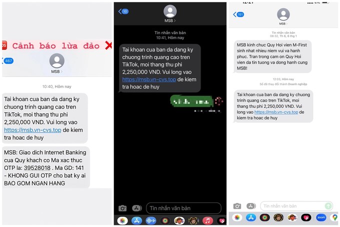 Khách hàng MSB liên tục nhận được tin nhắn giả mạo ngân hàng (Ảnh chụp màn hình).