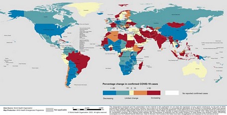  Bản đồ thể hiện sự thay đổi về tỉ lệ số ca mắc mới - Ảnh: WHO