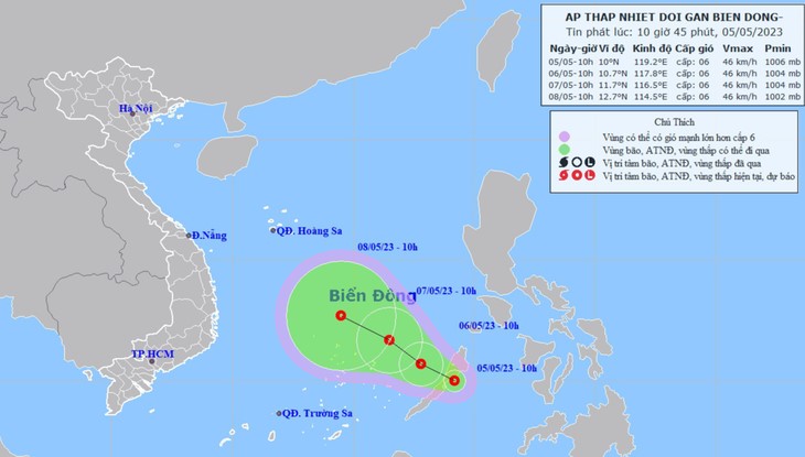 Vị trí và hướng di chuyển áp thấp nhiệt đới lúc 10h sáng 5/5 - Ảnh: NCHMF