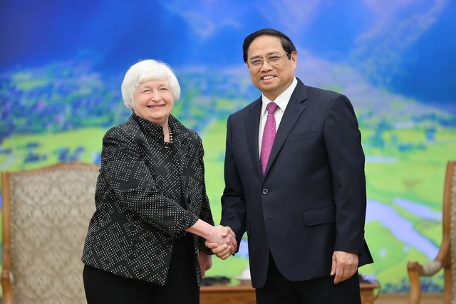 Thủ tướng Phạm Minh Chính tiếp Bộ trưởng Bộ Tài chính Hoa Kỳ Janet Yellen đang có chuyến thăm, làm việc tại Việt Nam - Ảnh: VGP/Nhật Bắc